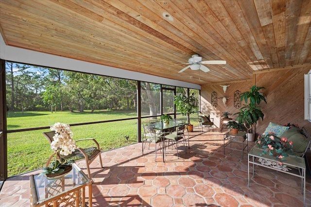 unfurnished sunroom featuring ceiling fan and wood ceiling