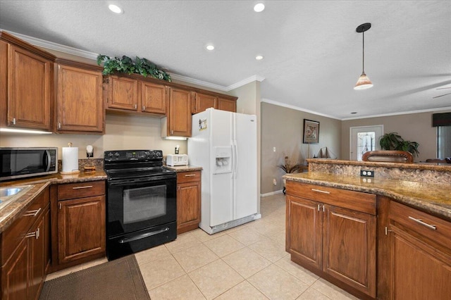 kitchen with ceiling fan, hanging light fixtures, black electric range oven, white refrigerator with ice dispenser, and ornamental molding