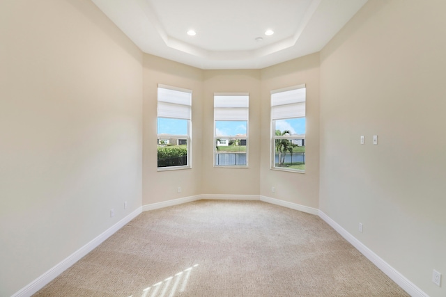 carpeted empty room with a tray ceiling