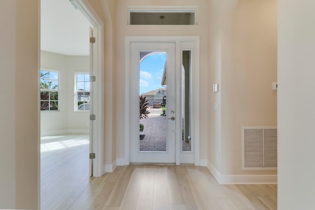 foyer entrance featuring a wealth of natural light and light hardwood / wood-style flooring