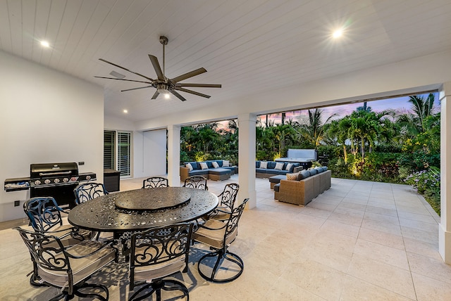 view of patio featuring an outdoor hangout area, grilling area, and ceiling fan