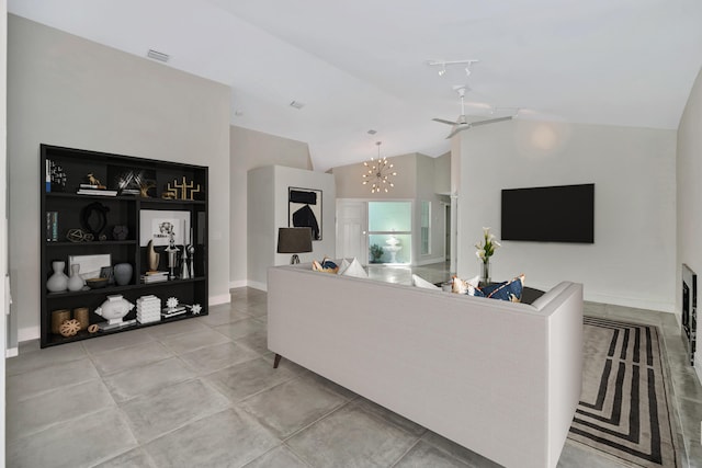 3 Dorchester Cir, Palm Beach Gardens, FL 33418 - living area featuring visible vents, baseboards, ceiling fan with notable chandelier, and vaulted ceiling