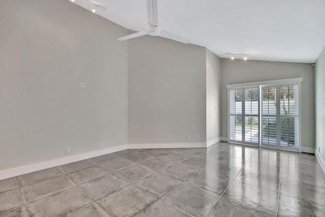 unfurnished room with ceiling fan, lofted ceiling, and rail lighting