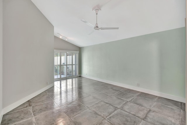 3 Dorchester Cir, Palm Beach Gardens, FL 33418 - spare room featuring ceiling fan, vaulted ceiling, and baseboards