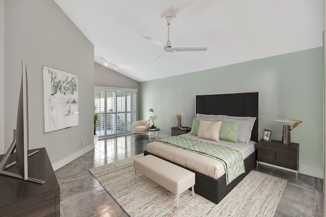 bedroom with ceiling fan, lofted ceiling, and concrete flooring