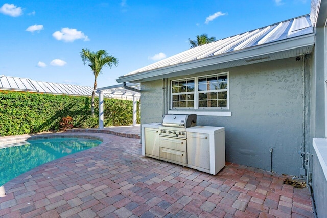 view of swimming pool with area for grilling, exterior kitchen, and a patio