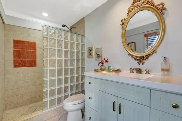 full bathroom featuring a walk in shower, toilet, vanity, and recessed lighting