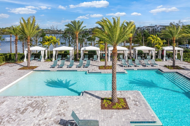 view of pool with a gazebo and a patio area