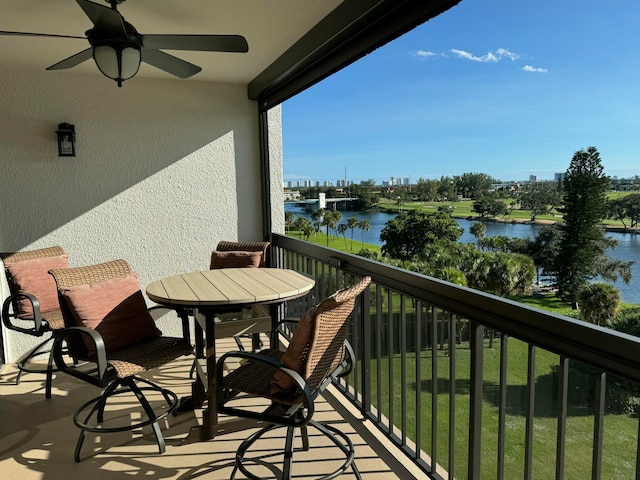 balcony featuring ceiling fan and a water view