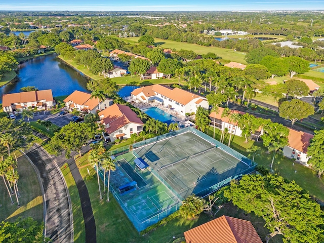 drone / aerial view featuring a water view