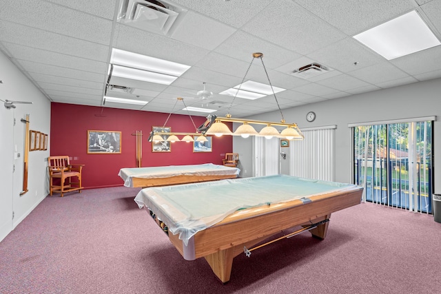 recreation room featuring carpet flooring, billiards, a paneled ceiling, and ceiling fan