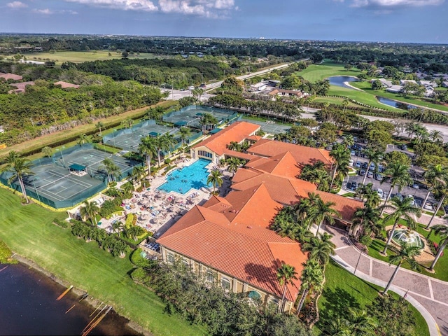 aerial view featuring a water view