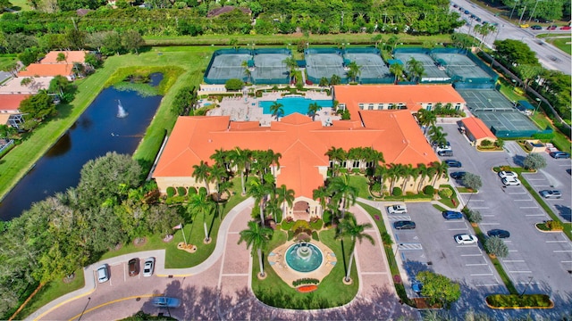 bird's eye view with a water view