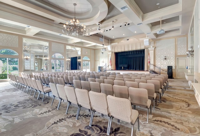 home theater featuring a high ceiling, coffered ceiling, an inviting chandelier, and beam ceiling