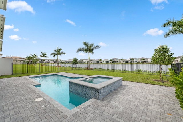 view of pool featuring a residential view, a fenced backyard, and a lawn