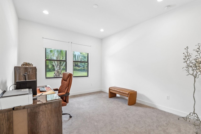 home office with carpet floors, recessed lighting, and baseboards