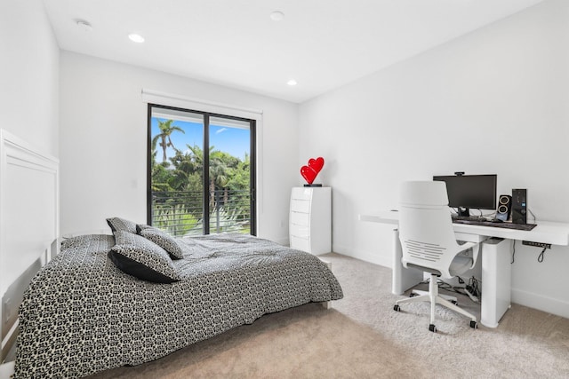 carpeted bedroom with recessed lighting and baseboards