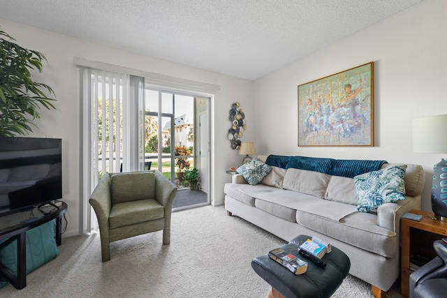 carpeted living room featuring a textured ceiling