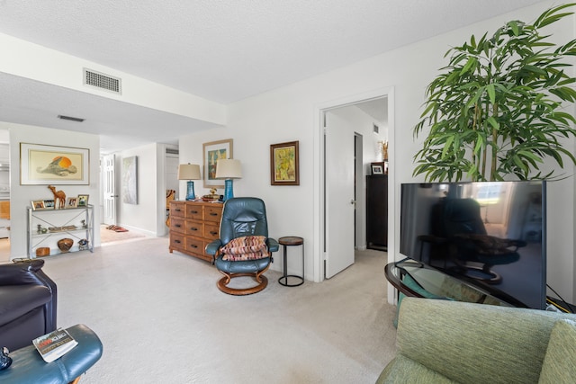 carpeted living room with a textured ceiling