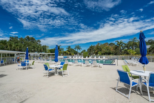 view of swimming pool featuring a patio area