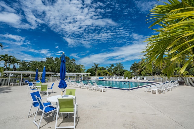 view of swimming pool featuring a patio area