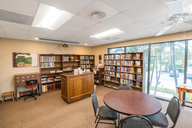 carpeted home office featuring a drop ceiling, plenty of natural light, and ceiling fan