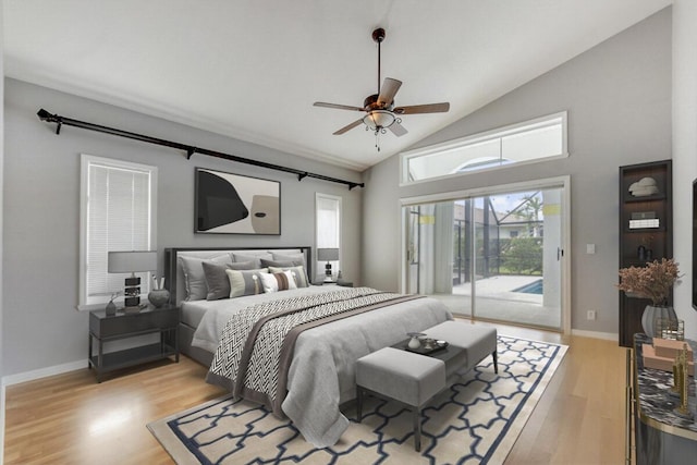 bedroom featuring access to outside, ceiling fan, vaulted ceiling, and light wood-type flooring