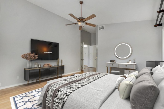 bedroom with light wood-type flooring, ceiling fan, and lofted ceiling