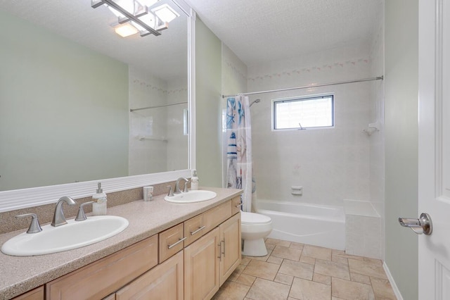 full bathroom with vanity, a textured ceiling, toilet, and shower / bathtub combination with curtain