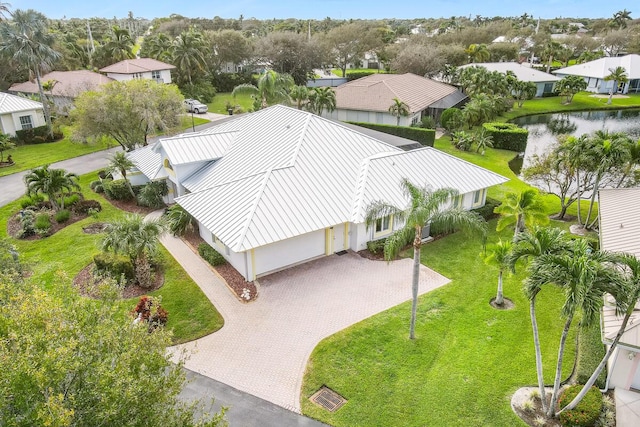 drone / aerial view featuring a water view