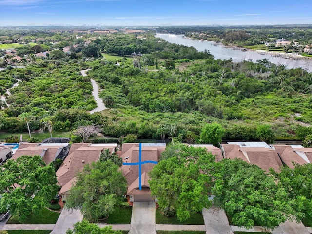 aerial view featuring a water view