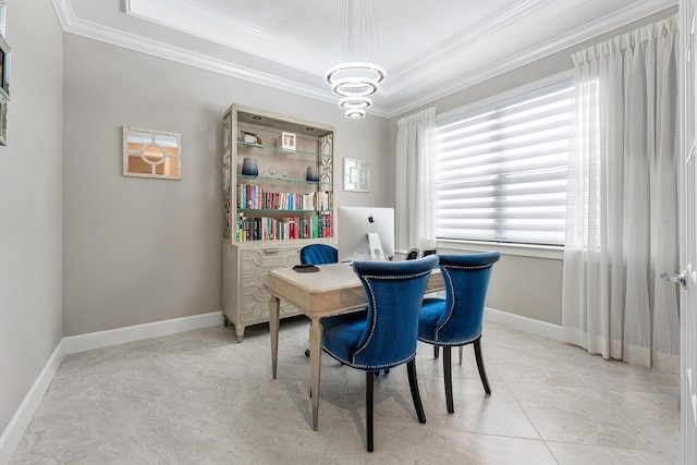 110 Echelon Crest Trl, Jupiter, FL 33478 - dining area with ornamental molding, a chandelier, a tray ceiling, and a desk