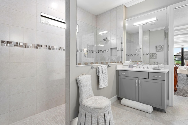 110 Echelon Crest Trl, Jupiter, FL 33478 - ensuite bathroom with a walk in shower, vanity, and ornamental molding