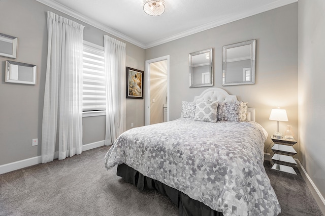 bedroom featuring dark colored carpet and ornamental molding