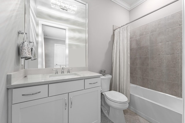 full bathroom with toilet, vanity, shower / bath combination with curtain, and ornamental molding