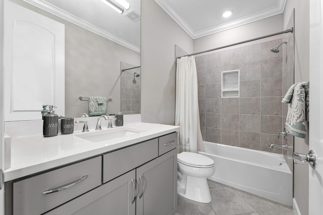 full bathroom with tile patterned floors, crown molding, shower / bath combination with curtain, toilet, and vanity