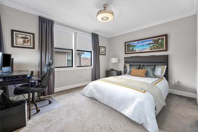 carpeted bedroom with crown molding