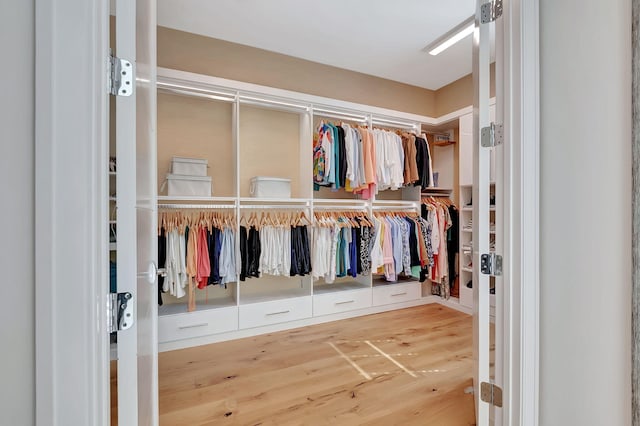 walk in closet with wood-type flooring