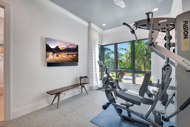 workout area featuring crown molding