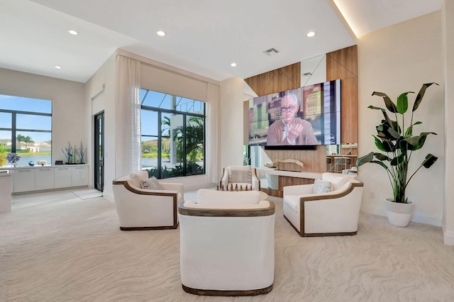 interior space with light colored carpet and a healthy amount of sunlight