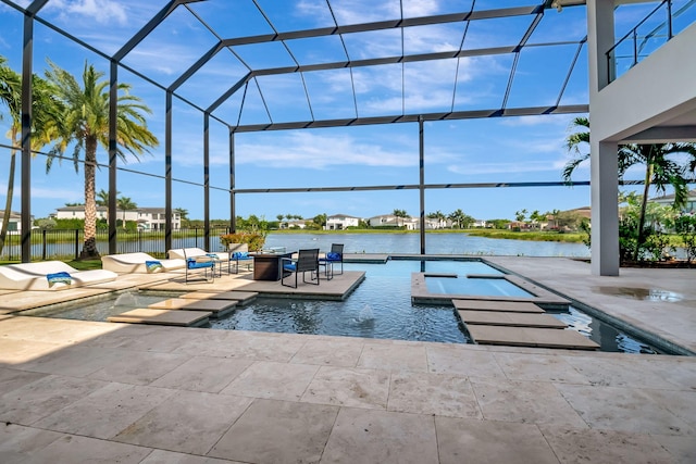 view of swimming pool with a patio, a hot tub, glass enclosure, and a water view