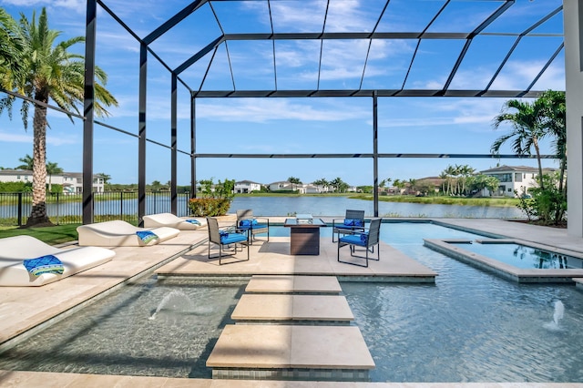 view of swimming pool with a lanai, a patio, an in ground hot tub, and a water view