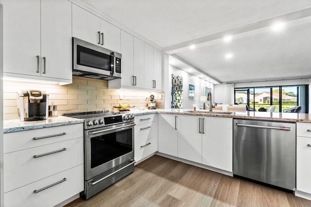 12871 Briarlake Dr Unit 102, Palm Beach Gardens, FL 33418 - kitchen featuring appliances with stainless steel finishes, a sink, wood finished floors, tasteful backsplash, and white cabinetry