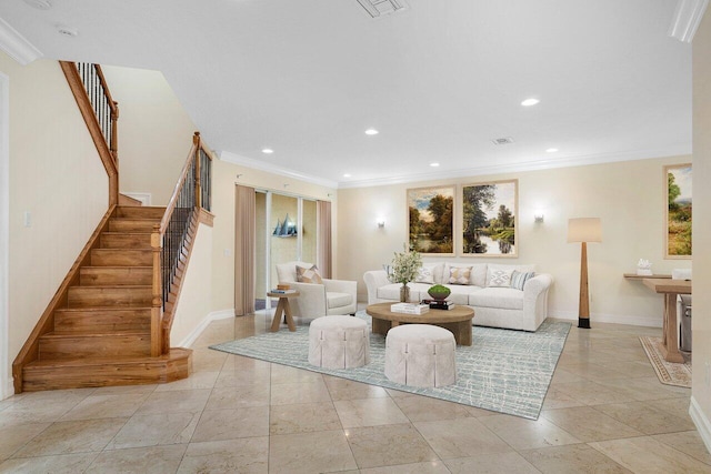 living room featuring ornamental molding