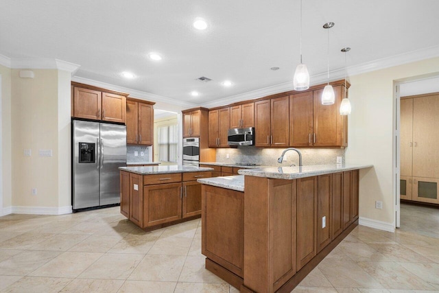 kitchen featuring hanging light fixtures, stainless steel appliances, light stone counters, backsplash, and kitchen peninsula