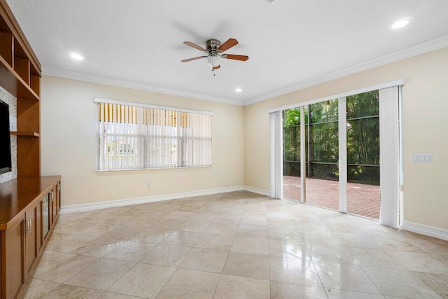 unfurnished living room featuring light tile patterned floors, a textured ceiling, ceiling fan, and ornamental molding