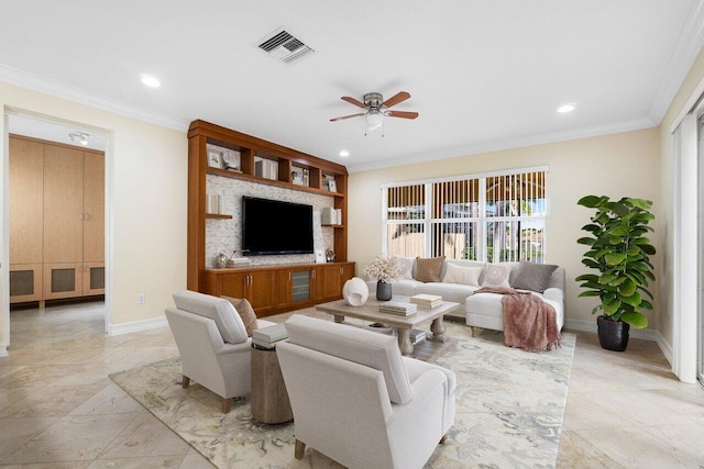 living room featuring crown molding and ceiling fan