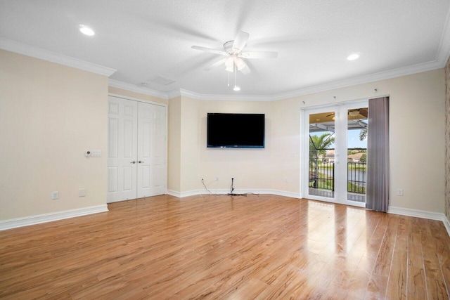 unfurnished living room with a textured ceiling, ceiling fan, crown molding, and light hardwood / wood-style flooring