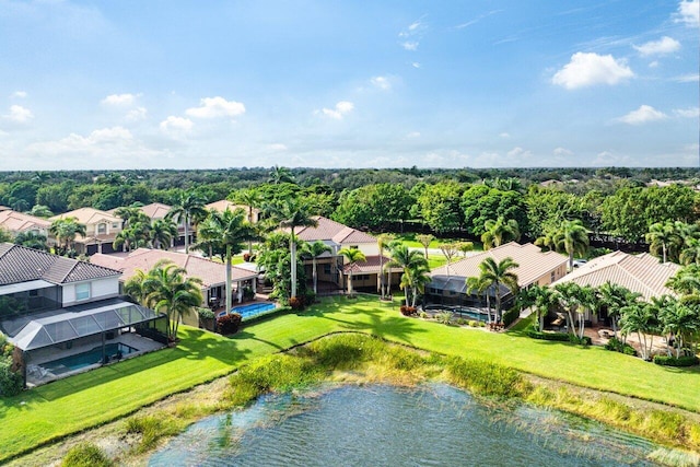 drone / aerial view featuring a water view