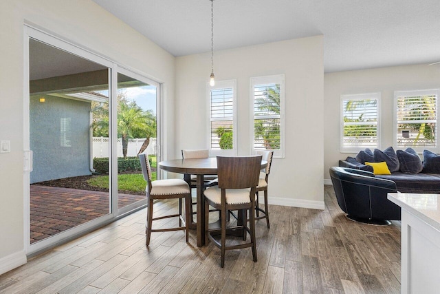 dining space with wood-type flooring